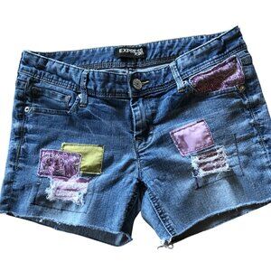Upcycled Ripped Jean Short Cutoffs, Patchwork Distressed, Junior Size 8